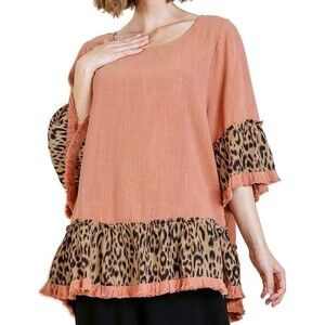 Umgee Leopard Print Bell Sleeve Ruffle Hem Top sz M Fringe Linen Blend Lagenlook